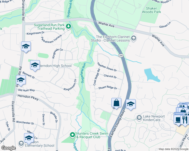 map of restaurants, bars, coffee shops, grocery stores, and more near 1512 Coat Ridge Road in Herndon