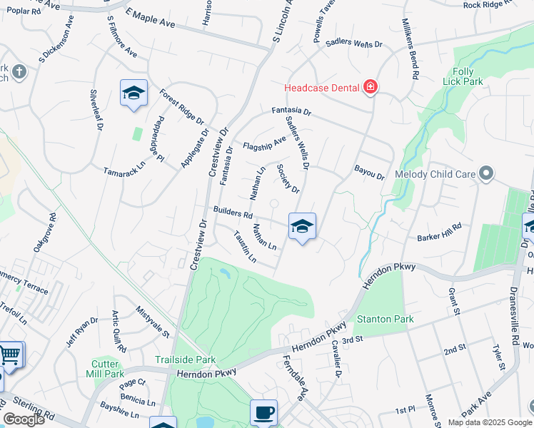 map of restaurants, bars, coffee shops, grocery stores, and more near 12716 Builders Road in Herndon