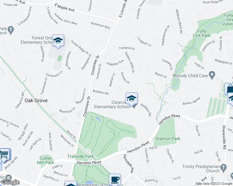 map of restaurants, bars, coffee shops, grocery stores, and more near 12716 Builders Road in Herndon
