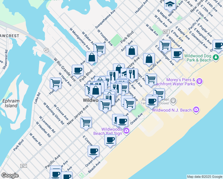 map of restaurants, bars, coffee shops, grocery stores, and more near 129 East Burk Avenue in Wildwood