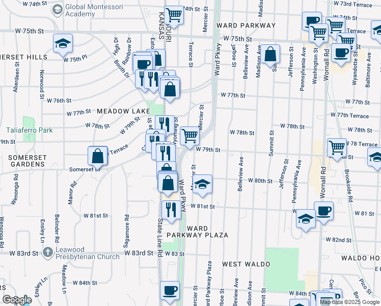 map of restaurants, bars, coffee shops, grocery stores, and more near 1307 West 79th Street in Kansas City