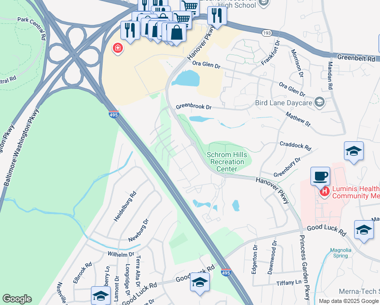 map of restaurants, bars, coffee shops, grocery stores, and more near 6978 Hanover Parkway in Greenbelt