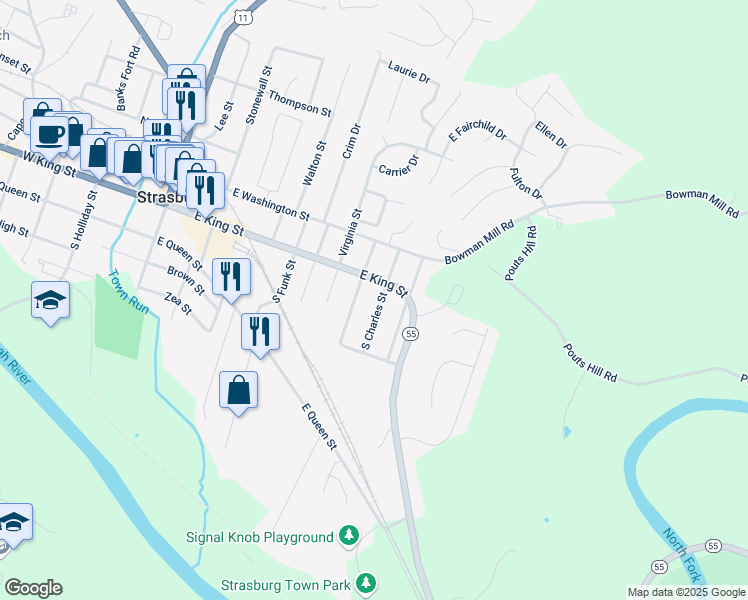 map of restaurants, bars, coffee shops, grocery stores, and more near 135 South Charles Street in Strasburg