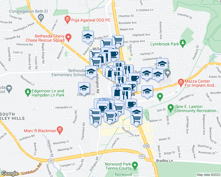 map of restaurants, bars, coffee shops, grocery stores, and more near 7601 Woodmont Avenue in Bethesda