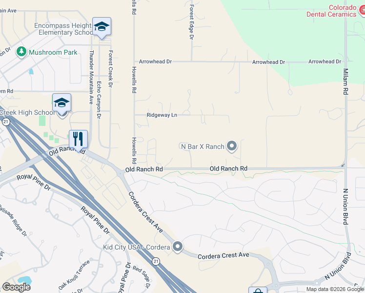 map of restaurants, bars, coffee shops, grocery stores, and more near 4050 Old Ranch Road in Colorado Springs