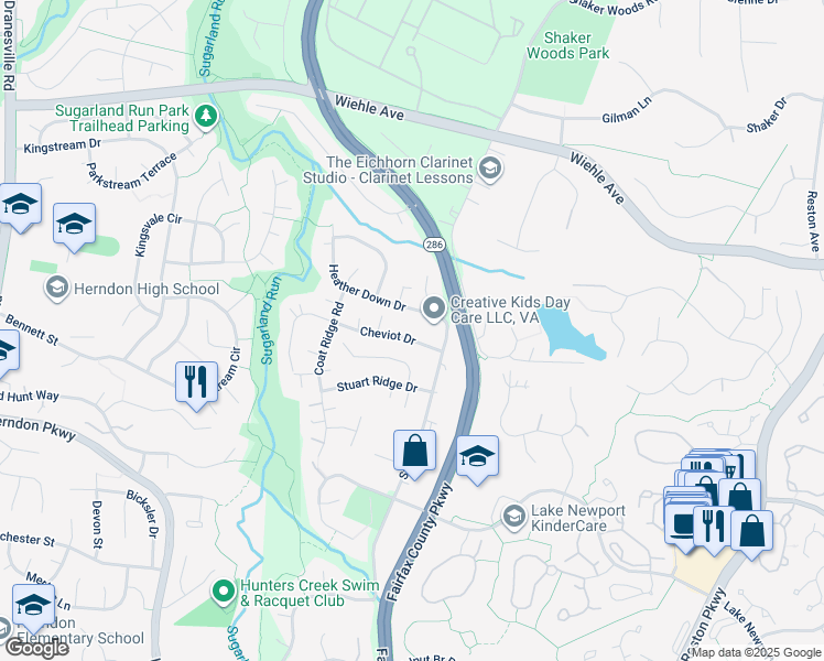 map of restaurants, bars, coffee shops, grocery stores, and more near 12010 Cheviot Drive in Herndon