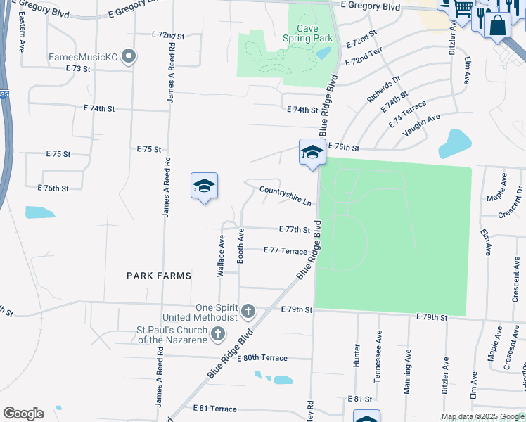 map of restaurants, bars, coffee shops, grocery stores, and more near 8616 East 77th Street in Kansas City