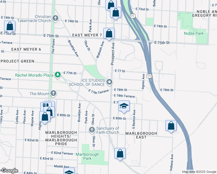 map of restaurants, bars, coffee shops, grocery stores, and more near 2502 East 77th Terrace in Kansas City