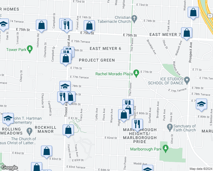 map of restaurants, bars, coffee shops, grocery stores, and more near 1434 East 78th Street in Kansas City