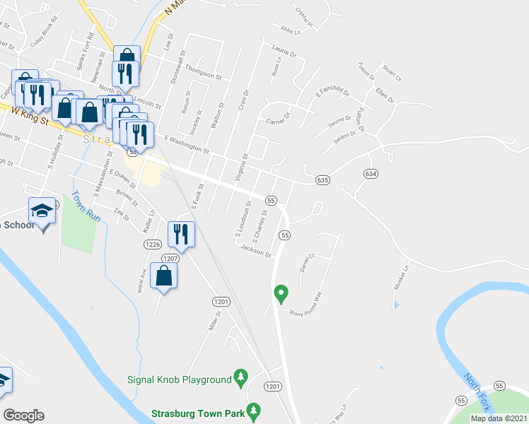 map of restaurants, bars, coffee shops, grocery stores, and more near 299 South Charles Street in Strasburg