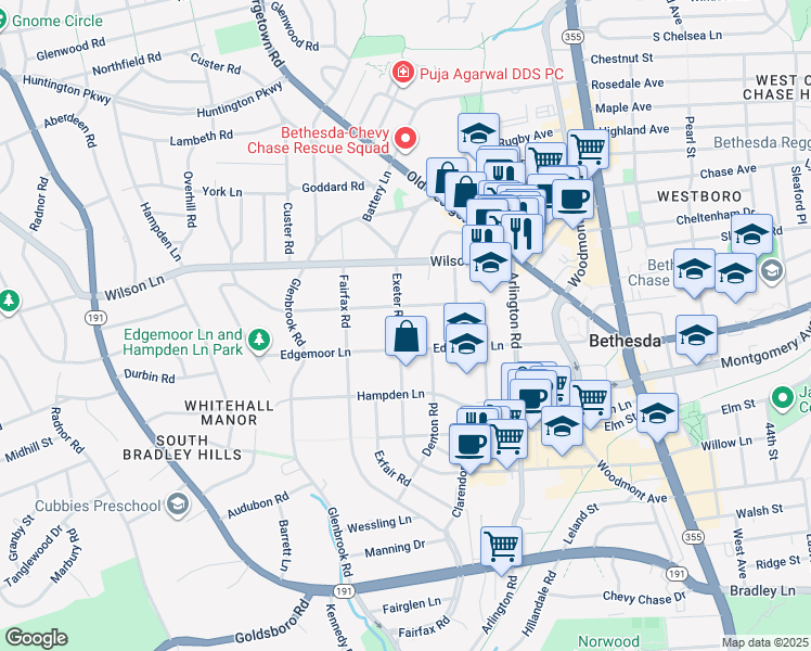 map of restaurants, bars, coffee shops, grocery stores, and more near 7511 Exeter Road in Bethesda