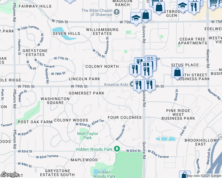 map of restaurants, bars, coffee shops, grocery stores, and more near 12119 West 79th Terrace in Lenexa