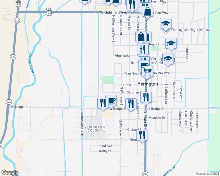 map of restaurants, bars, coffee shops, grocery stores, and more near 101 South Mountain View Street in Yerington