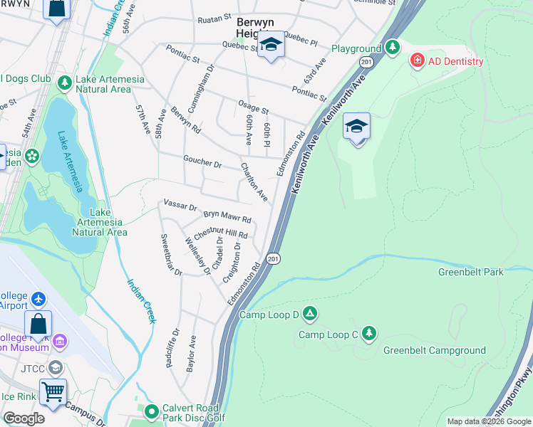 map of restaurants, bars, coffee shops, grocery stores, and more near 7614 Edmonston Road in Berwyn Heights