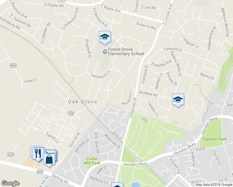 map of restaurants, bars, coffee shops, grocery stores, and more near 1710 Firewood Court in Herndon