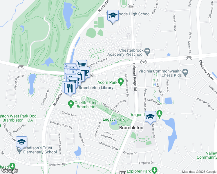 map of restaurants, bars, coffee shops, grocery stores, and more near 42528 Regal Wood Drive in Ashburn