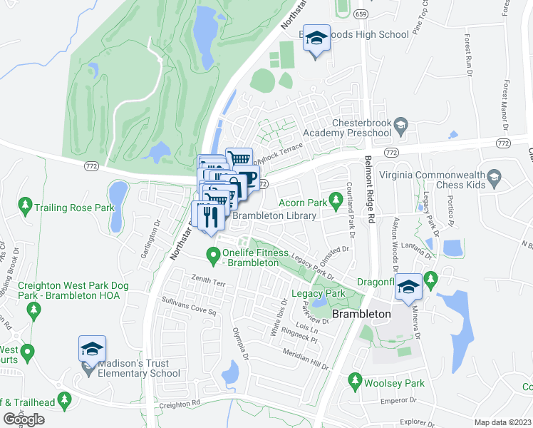 map of restaurants, bars, coffee shops, grocery stores, and more near 42457 Magellan Square in Ashburn