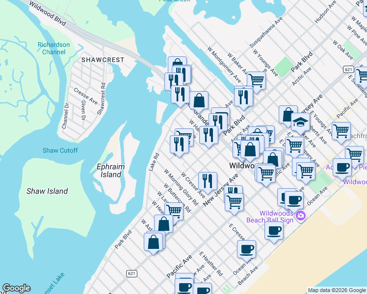 map of restaurants, bars, coffee shops, grocery stores, and more near 401 West Hildreth Avenue in Wildwood
