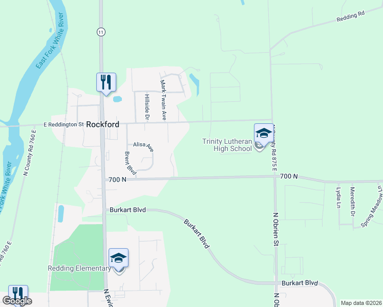 map of restaurants, bars, coffee shops, grocery stores, and more near 701 Enos Road in Seymour