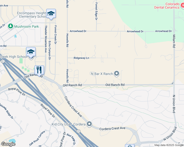 map of restaurants, bars, coffee shops, grocery stores, and more near 4050 Old Ranch Road in Colorado Springs
