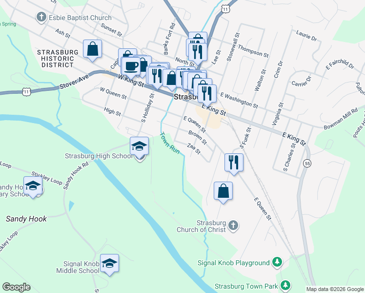 map of restaurants, bars, coffee shops, grocery stores, and more near 344 Zea Street in Strasburg