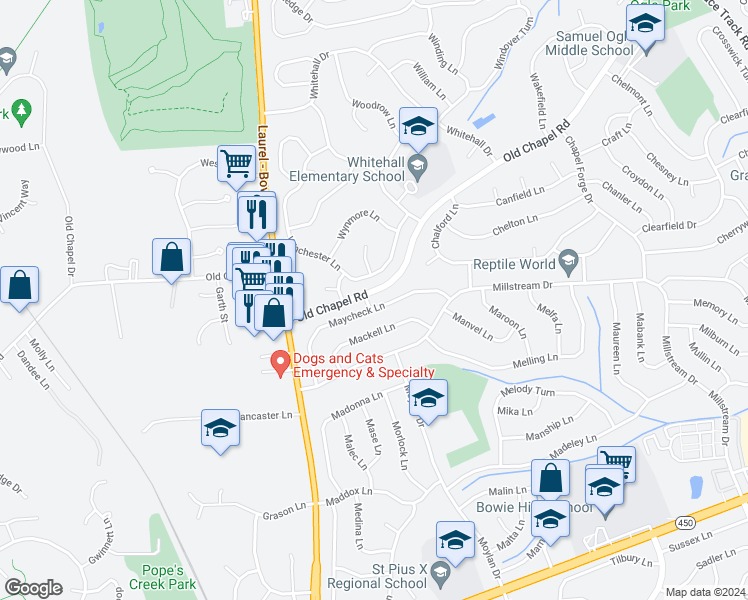 map of restaurants, bars, coffee shops, grocery stores, and more near 12200 Maycheck Lane in Bowie