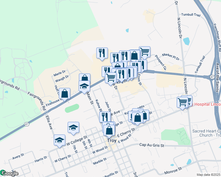 map of restaurants, bars, coffee shops, grocery stores, and more near 6 The Plaza in Troy