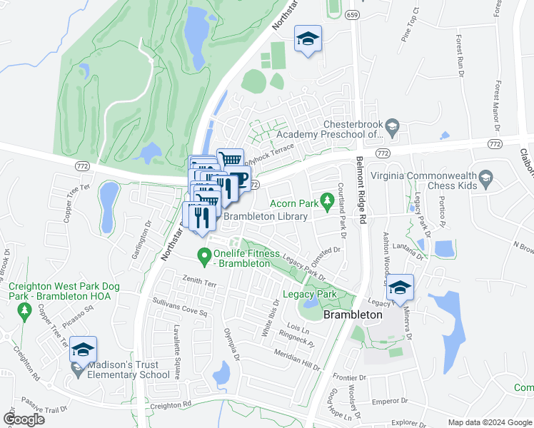 map of restaurants, bars, coffee shops, grocery stores, and more near 42471 Magellan Square in Ashburn