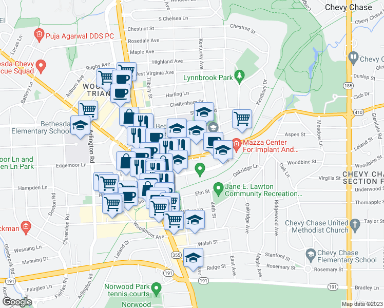 map of restaurants, bars, coffee shops, grocery stores, and more near 7499 Pearl Street in Bethesda