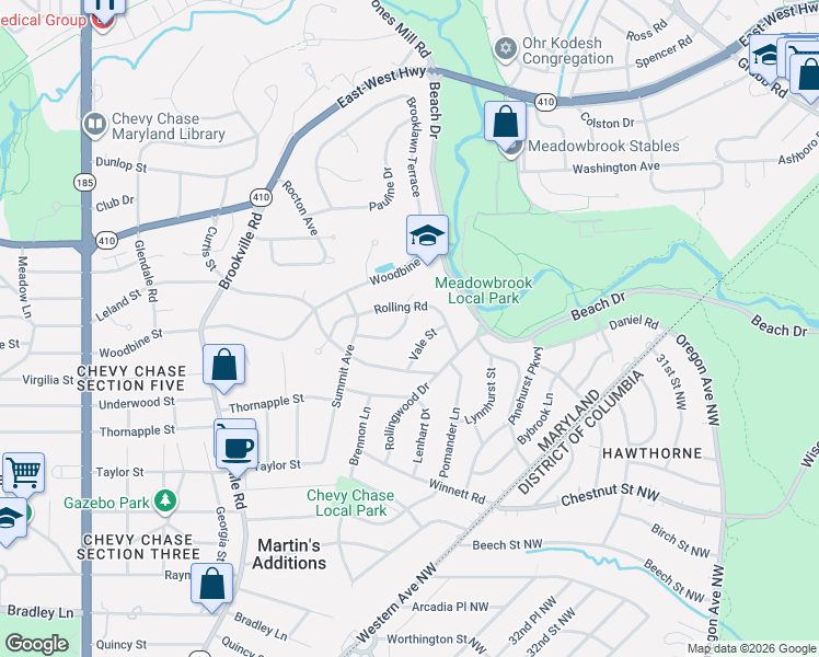 map of restaurants, bars, coffee shops, grocery stores, and more near 3204 Pickwick Lane in Chevy Chase