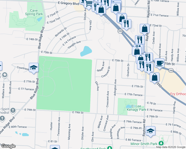 map of restaurants, bars, coffee shops, grocery stores, and more near 7611 Elm Avenue in Raytown