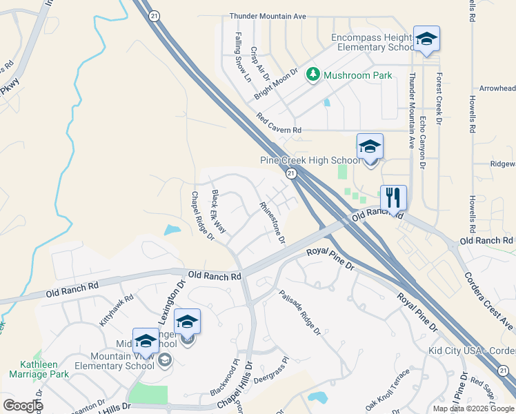 map of restaurants, bars, coffee shops, grocery stores, and more near 10603 Black Kettle Way in Colorado Springs