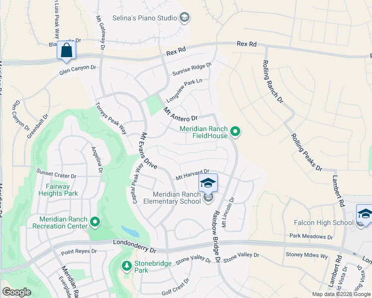 map of restaurants, bars, coffee shops, grocery stores, and more near 12667 Wheeler Peak Drive in Peyton