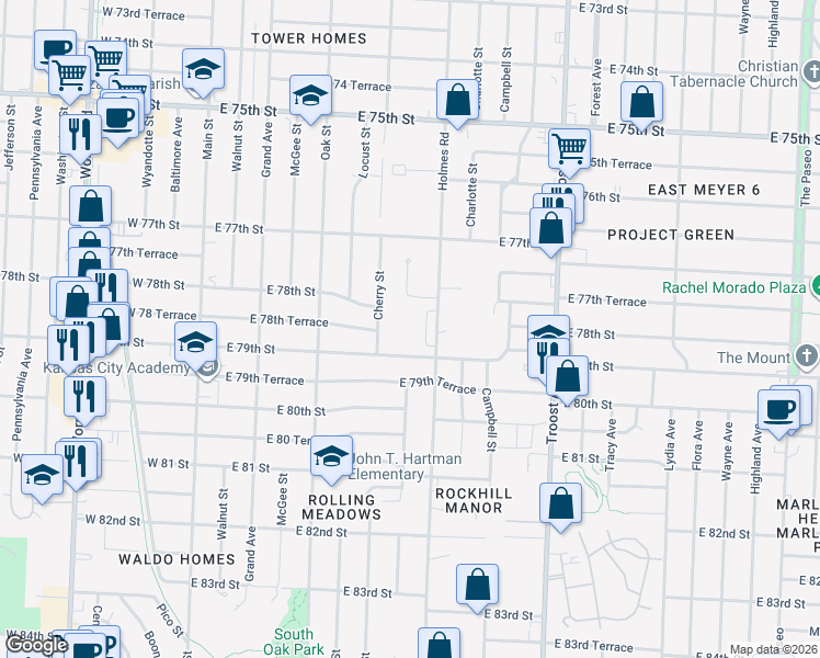 map of restaurants, bars, coffee shops, grocery stores, and more near 7850 Holmes Road in Kansas City
