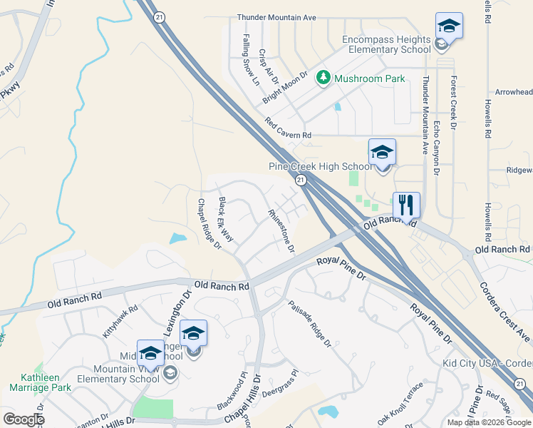 map of restaurants, bars, coffee shops, grocery stores, and more near 10603 Black Kettle Way in Colorado Springs