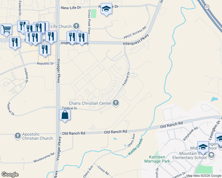 map of restaurants, bars, coffee shops, grocery stores, and more near 10000-10142 Federal Drive in Colorado Springs