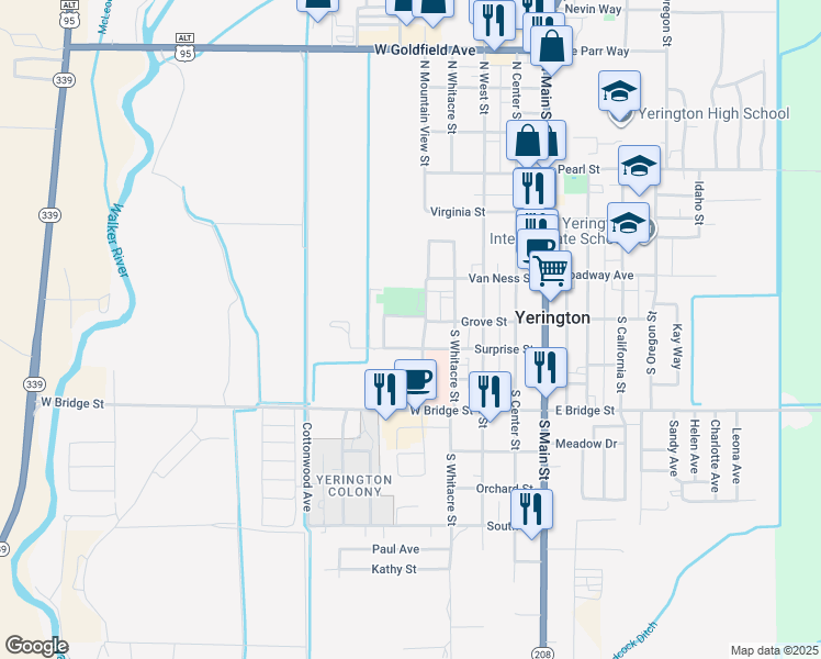 map of restaurants, bars, coffee shops, grocery stores, and more near 581 Surprise Street in Yerington