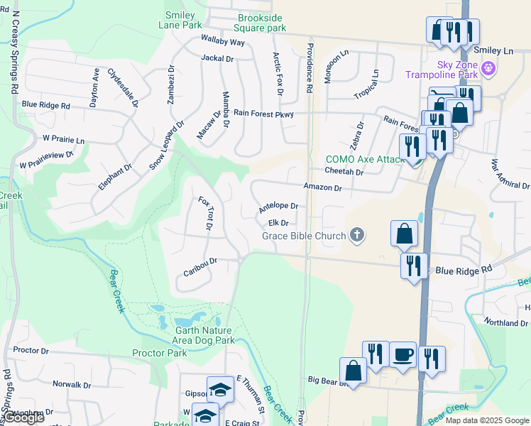 map of restaurants, bars, coffee shops, grocery stores, and more near 107 Elk Drive in Columbia