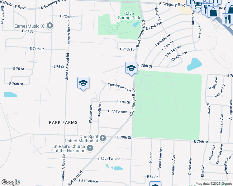 map of restaurants, bars, coffee shops, grocery stores, and more near 8708 East 77th Street in Kansas City