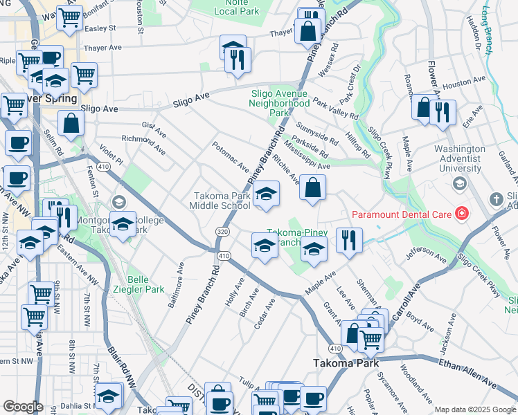 map of restaurants, bars, coffee shops, grocery stores, and more near 7611 Piney Branch Road in Takoma Park