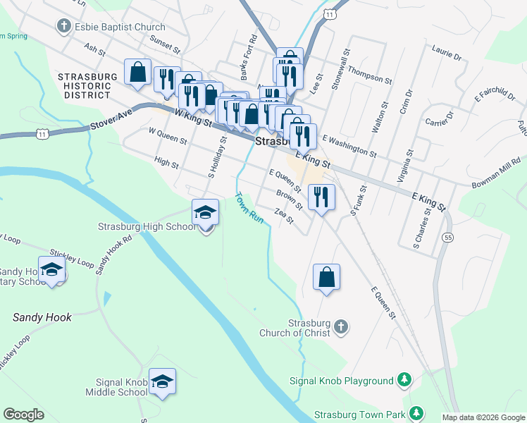 map of restaurants, bars, coffee shops, grocery stores, and more near 344 Zea Street in Strasburg