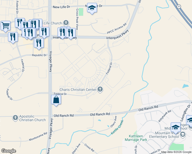 map of restaurants, bars, coffee shops, grocery stores, and more near 10000-10142 Federal Drive in Colorado Springs
