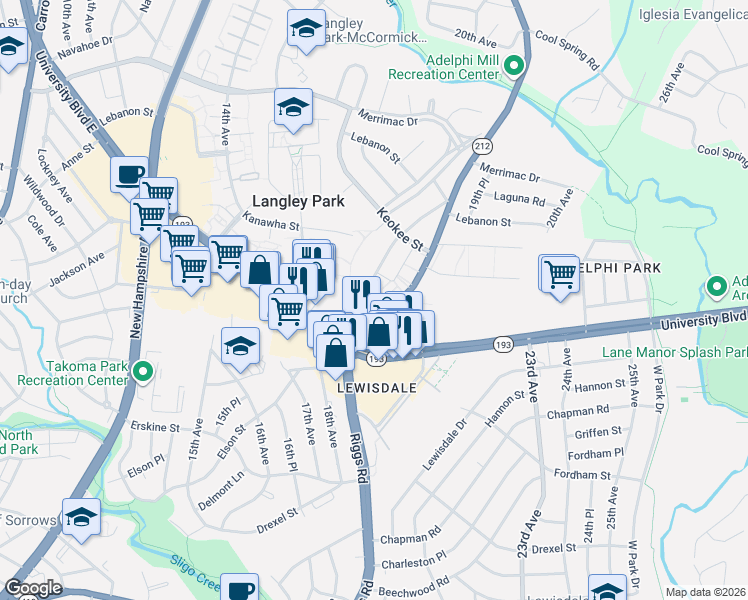map of restaurants, bars, coffee shops, grocery stores, and more near 1801 Jasmine Terrace in Hyattsville