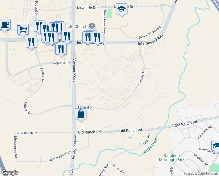 map of restaurants, bars, coffee shops, grocery stores, and more near 1625 Rose Quartz Heights in Colorado Springs