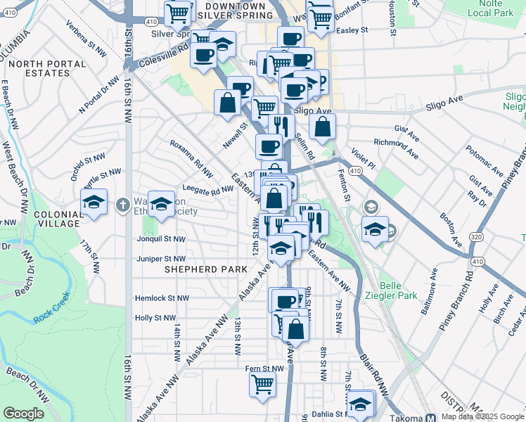 map of restaurants, bars, coffee shops, grocery stores, and more near 7833 12th Street Northwest in Washington