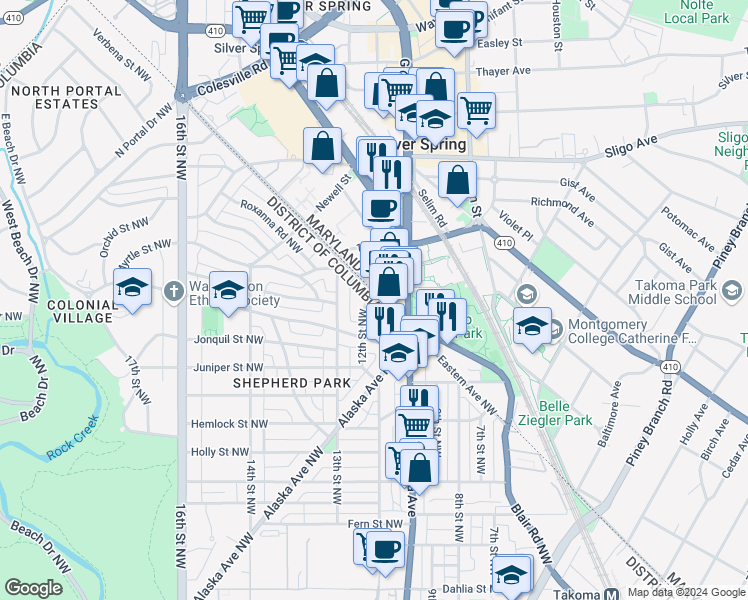 map of restaurants, bars, coffee shops, grocery stores, and more near 7833 12th Street Northwest in Washington