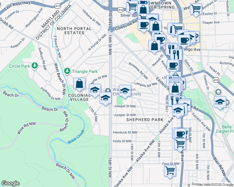 map of restaurants, bars, coffee shops, grocery stores, and more near 1546 Kalmia Road Northwest in Washington