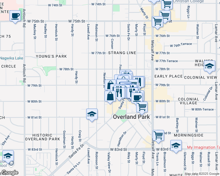 map of restaurants, bars, coffee shops, grocery stores, and more near 7920 Conser in Overland Park