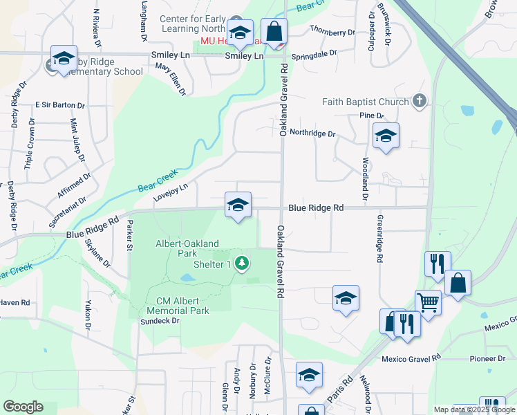 map of restaurants, bars, coffee shops, grocery stores, and more near 3499 Oakland Place in Columbia