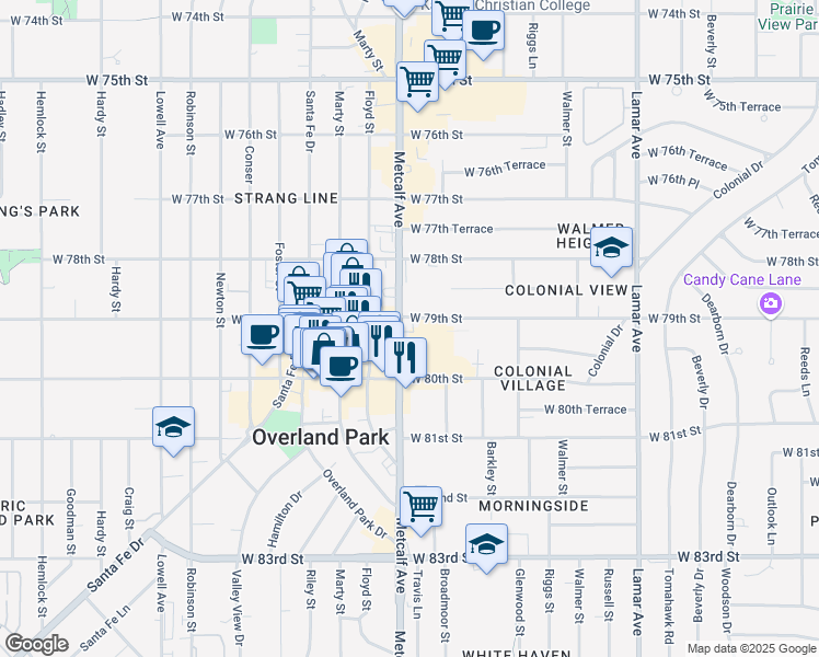 map of restaurants, bars, coffee shops, grocery stores, and more near 7916 Metcalf Avenue in Overland Park